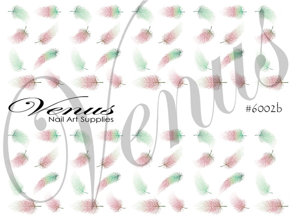 Water Transfer Decals - Feathers Green Pink #6002b - Venus Nail Art Supplies Australia