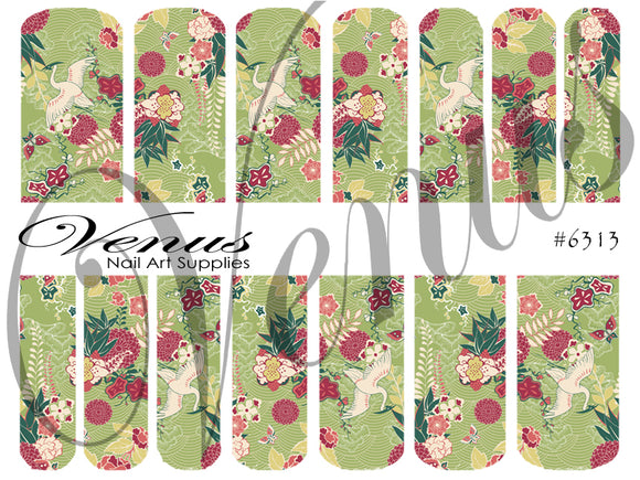 Water Transfer Decals - Japanese Floral - Green #6313 - Venus Nail Art Supplies Australia