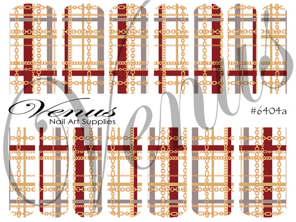 Water Transfer Decals - Plaid Chains Red/Gold #6404a - Venus Nail Art Supplies Australia