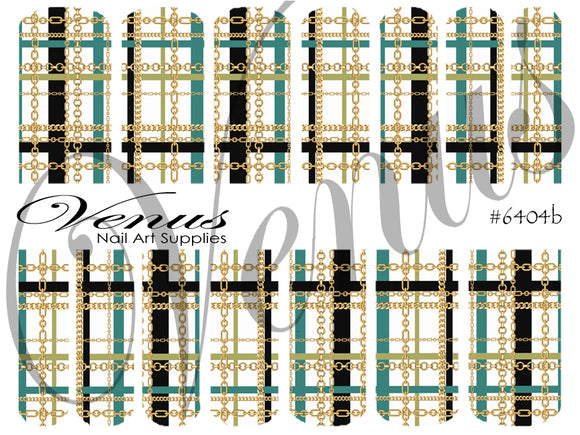 Water Transfer Decals - Plaid Chains Teal/Gold #6404b - Venus Nail Art Supplies Australia