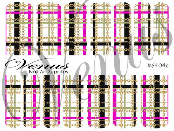 Water Transfer Decals - Plaid Chains Pink/Gold #6404c - Venus Nail Art Supplies Australia