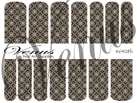 Water Transfer Decals - Brown/Black Geometric Floral Pattern #6408b - Venus Nail Art Supplies Australia