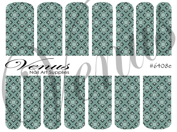 Water Transfer Decals - Teal Geometric Floral Pattern #6408e - Venus Nail Art Supplies Australia