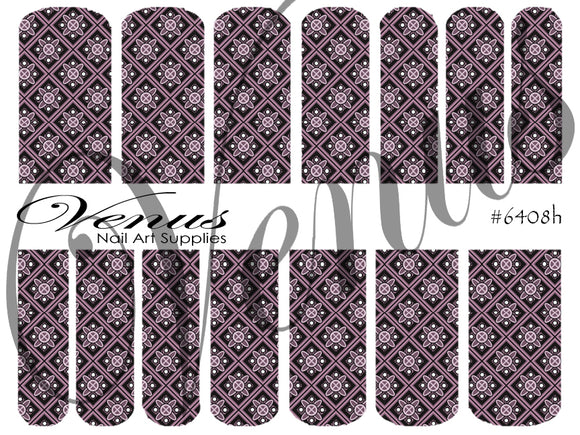 Water Transfer Decals - Dusty Rose/Black Geometric Pattern #6408h - Venus Nail Art Supplies Australia
