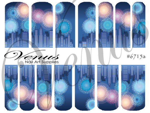 Water Transfer Decals - NYE Fireworks - Blue #6715a - Venus Nail Art Supplies Australia