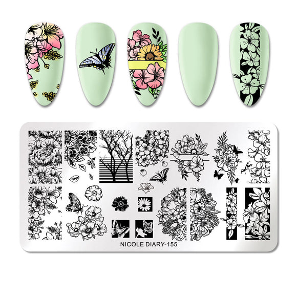 NICOLE DIARY Nail Art Stamping Plate - 155 (Flowers / Butterflies) | Venus Nail Art Supplies Australia